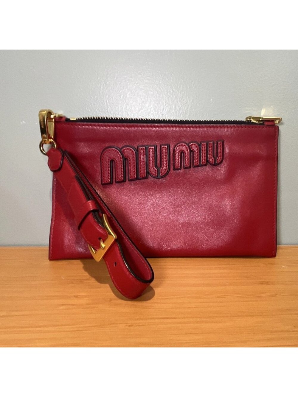 Miu Miu Red Logo Zip Wristlet Clutch Pouch w/ Wrist Strap Gold Hardware